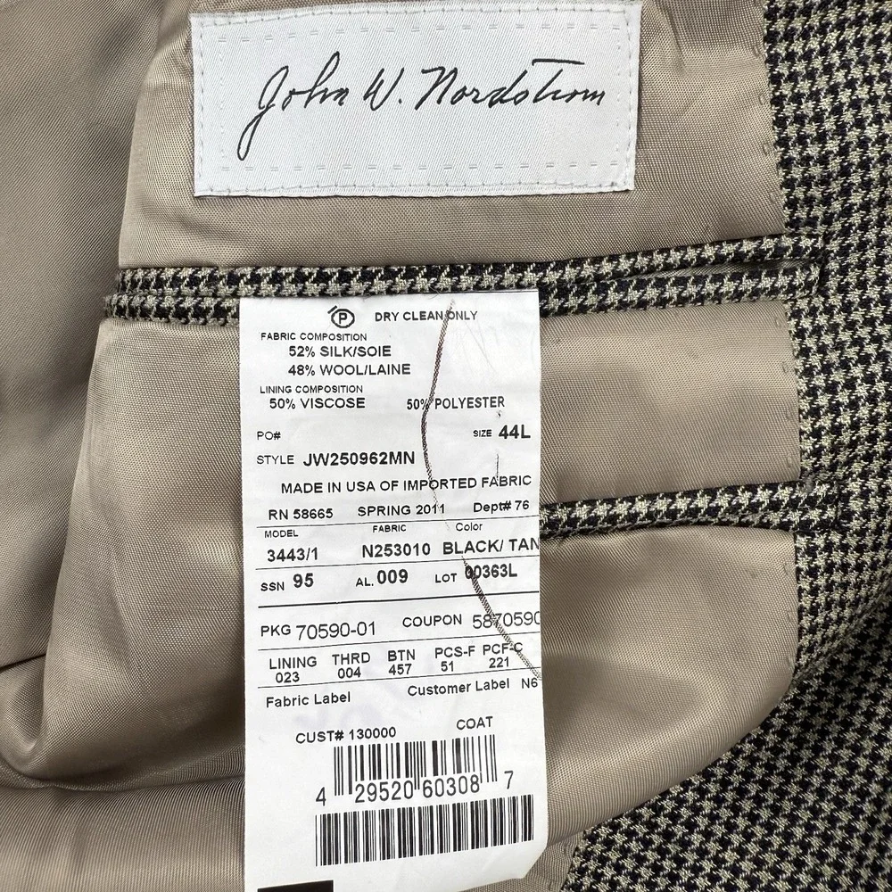 John W Nordstrom Houndstooth Mens Blazer Jacket Silk/Wool Size 44L Black/Tan USA